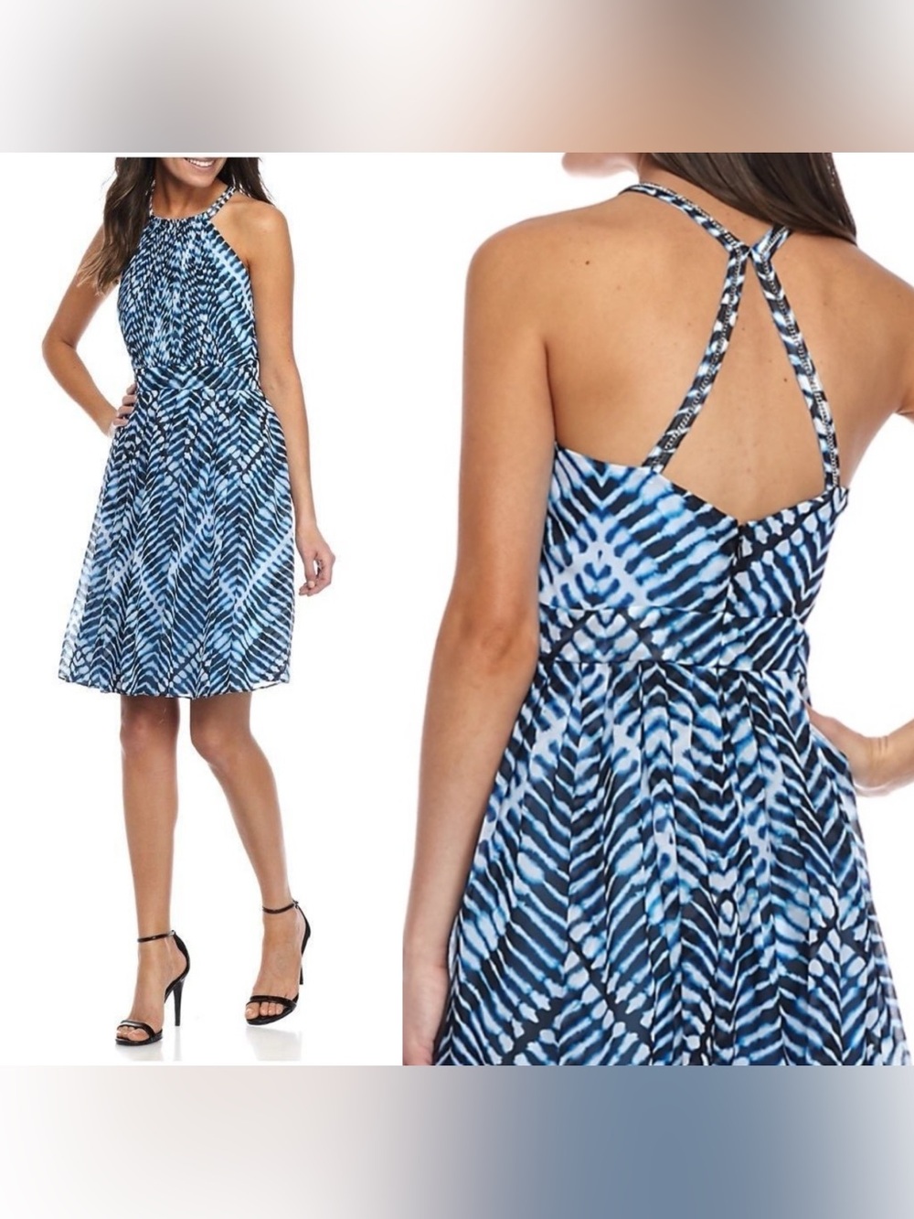 Calvin Klein Blue Patterned Halter dress 8
